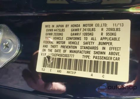 2014 Acura Tsx 2.4 z USA, uszkodzony, nr VIN JH4CU2F45EC003777